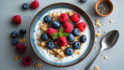 Yogurt granola bowl topped with fresh blueberries, raspberries, and chia seeds. Healthy eating idea. Clean diet. Aerial view. Blank space. Delicious homemade breakfast, nutritious snack, lunch, or