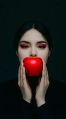A Woman with face makeup holding an Apple with a Joyful Expression Against a dark Background