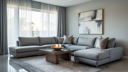 Grey sectional sofa adorned with three cushions in a luminous living room featuring artwork and a rug.