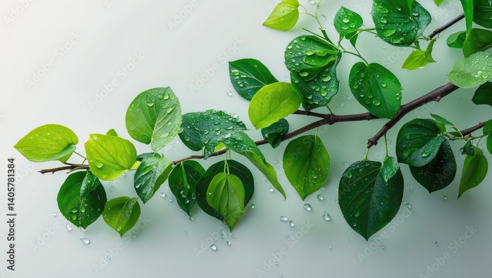 Aufkleber Isolated green leaves branch with drop on background and clipping path.