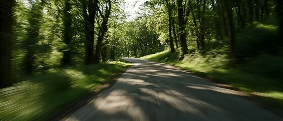 Obraz premium Road through a forest with sunlight filtering through the trees.