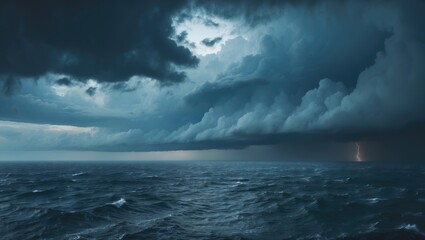 Downpour and large dark clouds looming over the ocean