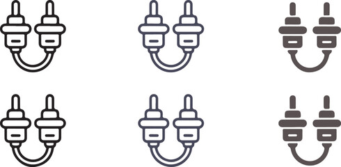  Dual Plug Cable Icons – Set of Minimalist Line Style Audio Connector Symbols Representing Technology, Sound Interface, and Electronic Connectivity in Circular and Isolated Formats