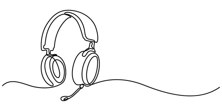 Vector one Continuous line drawing of headphones speaker headset gadget and earphones devices minimalist, Continuous one line drawing of headphones speaker for podcast web banner. Music gadget pro. 