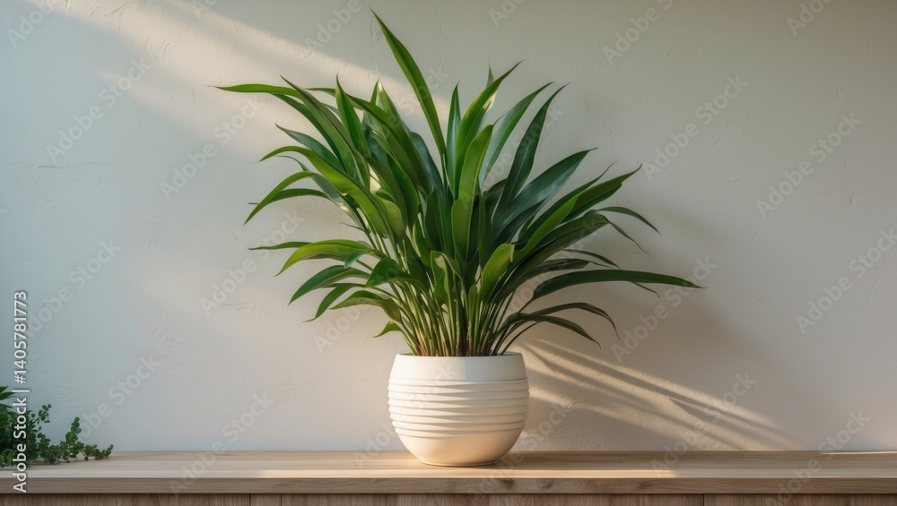 Poster potted green plant on wooden table with empty space and backdrop