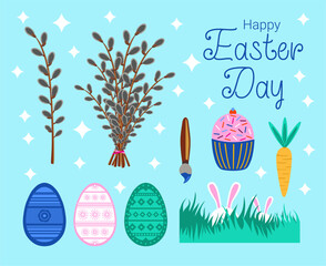 Set of easter elements. Cute Easter set. Spring collection of bunnies, flowers,eggs,verb and decorations. For poster, card, scrapbooking, stickers.