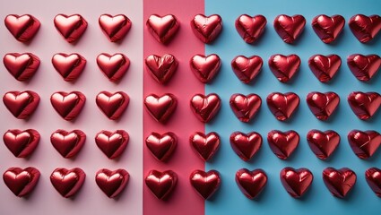 Colorful background featuring heart-shaped chocolate candies in a flat lay.