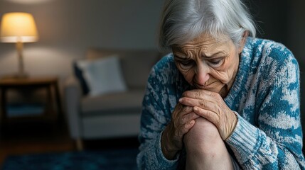 Elderly woman holding knee in contemplation cozy living room emotional portrait warm lighting intimate viewpoint
