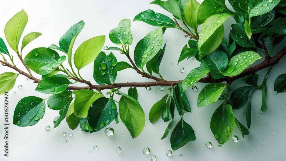 Aufkleber Background with isolated branch of green leaves and drop using clipping path.