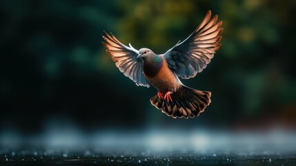 Obraz premium Dove gliding above misty river nature scene serene environment aerial view tranquil concept