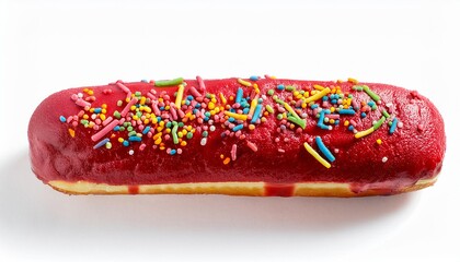 Long John Red Velvet Donut with Rainbow Sprinkles on White Background Isolated