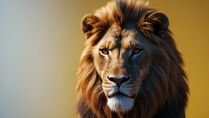 Fototapeta premium Portrait of an adult male lion gazing at the camera with a backdrop