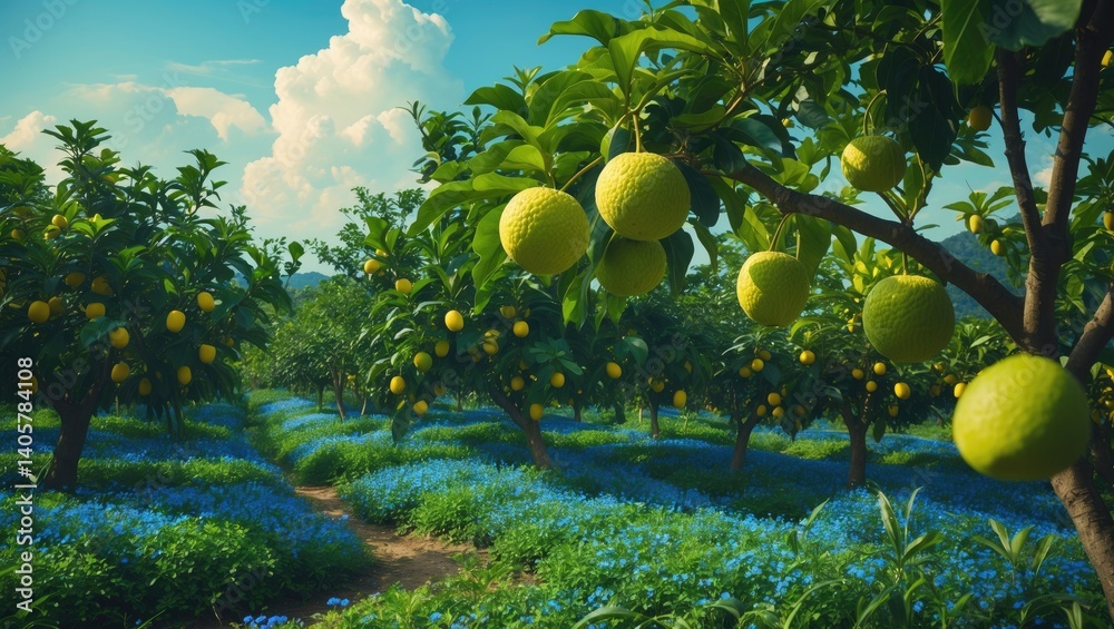 Poster sweet and sour green pomelo dangling on a branch