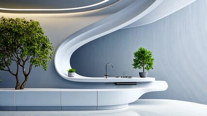 Modern kitchen interior featuring sleek design, unique curved elements, and indoor plants