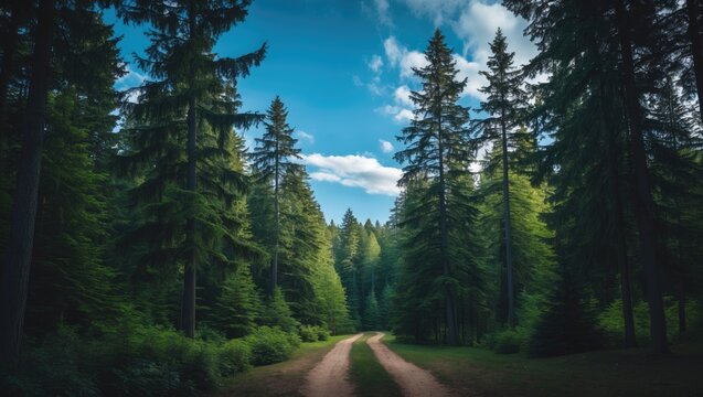 Cedar trees reaching high under a blue sky in the forest