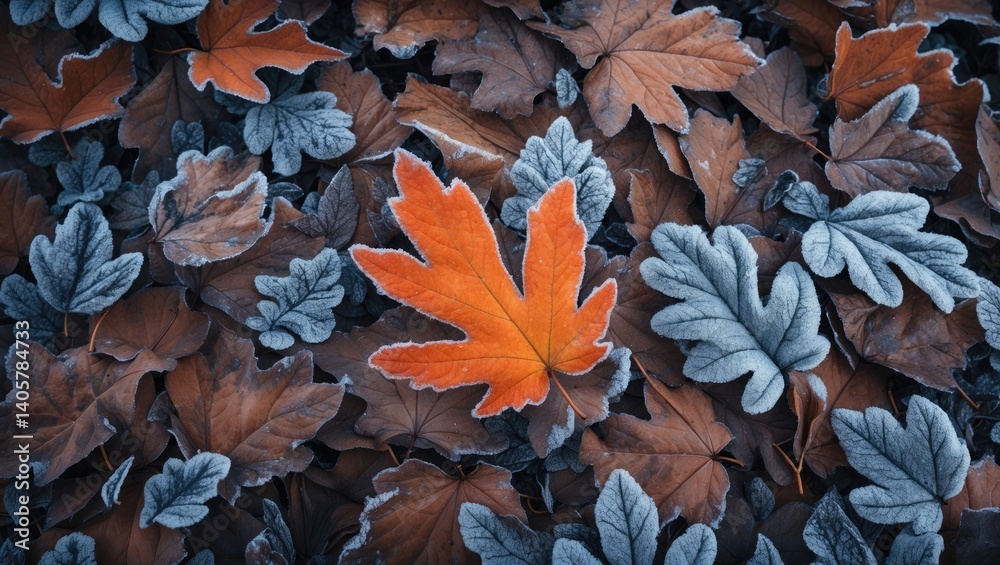 Poster autumn oak leaves adorned with initial frost on the soil. close-up of a textured surface. top view p