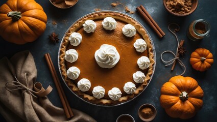 Homemade pastry featuring Pumpkin Pie with whipped cream and cinnamon, viewed from above on a rustic background.