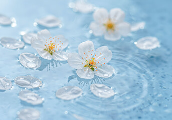 水面に浮かぶ白い花と花びらのアップ