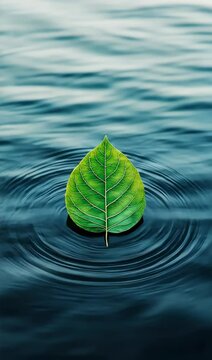A single glowing leaf floating in a calm pond, symbolizing the impact of small actions in business, with soft natural light reflecting off the water
