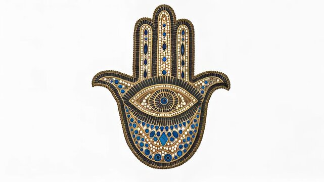 Ornamental mosaic Hamsa hand featuring intricate eye design, repeating symmetrically against pristine white background, symbolizing spiritual protection