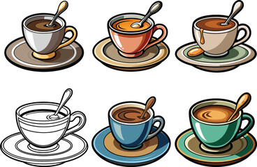 Coffee Cup Vector Set with Spoon and Saucer for Elegant Beverage Design