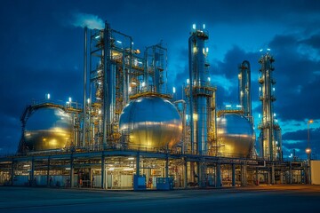 A large industrial facility features bright lights and towering structures, including large spherical storage tanks, under a twilight sky