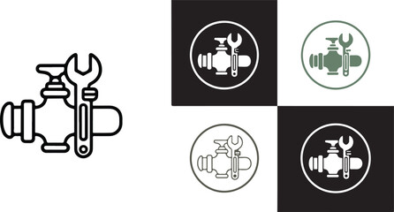  Plumbing Valve and Wrench Icon Set – Simple Line Art Plumbing Tools with Wrench and Pipe Valve in Multiple Style Variations for Maintenance and Repair Services