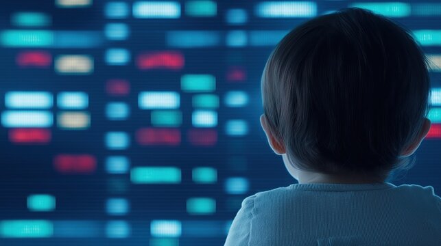 AI-Driven Digital Stock Trading Floor with Colorful Displays and Child Observation
