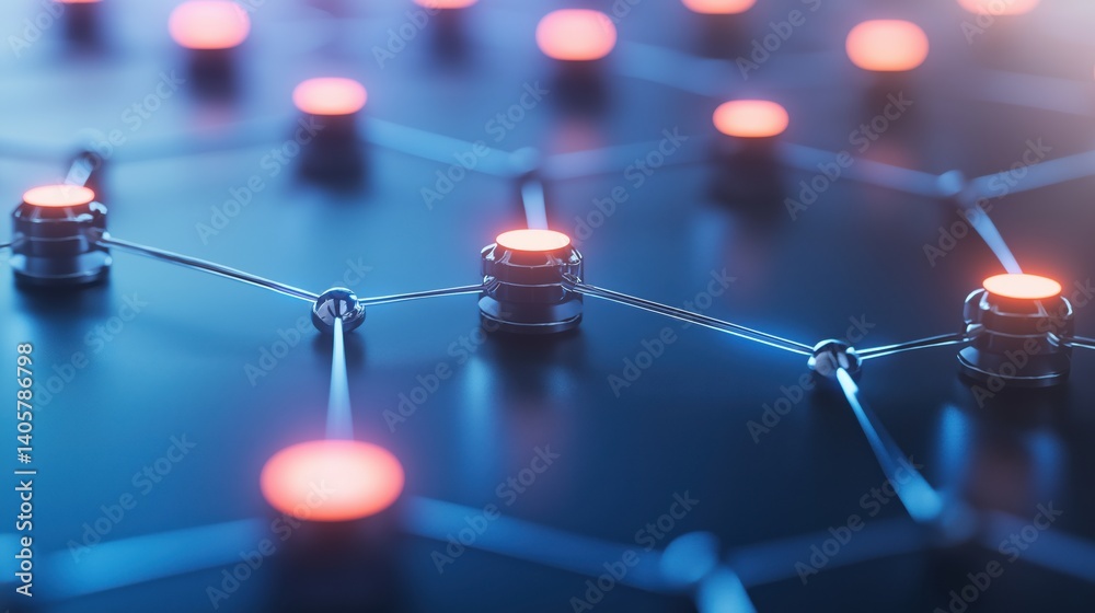 Poster abstract representation of decentralized mining network with neon nodes and connections