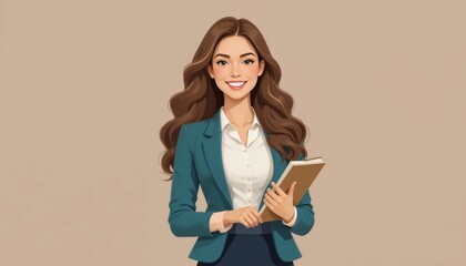 Fototapeta premium Smiling Businesswoman Holding a Notebook in Professional Attire with Flat Design Illustration for Corporate and Education Concepts