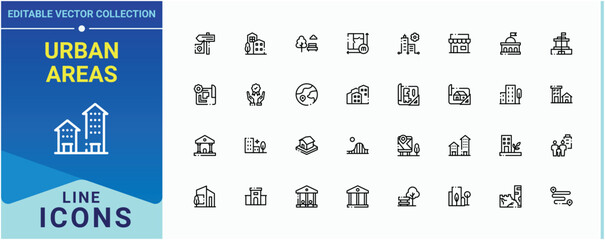 Urban Areas icon collection. Contains such icons as town, connect, transportation, urban and more. Cities vector icon set. Minimal icons collection. Editable stroke. Vector collection.