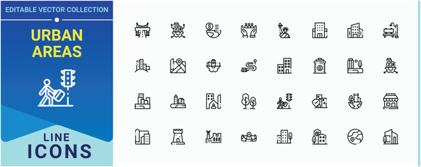 Urban Areas icon collection. Contains such icons as town, connect, transportation, urban and more. Cities vector icon set. Minimal icons collection. Editable stroke. Vector collection.