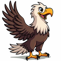 Obraz premium Cartoon bald eagle with brown wings and white head standing on a white background smiling