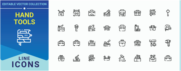Hand Tools icon. Included wood craft, repair, craft, carpenter, handyman, tools and more. Carpenter Tools icon. Minimalist linear icons. Editable vector stroke.