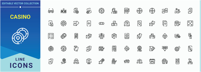 Casino icon set. Contain linear sign jackpot, dice, card, ace, bet, gamble, gambling and more. Trendy minimal icons. Card icon set. Editable stroke. Vector illustration.