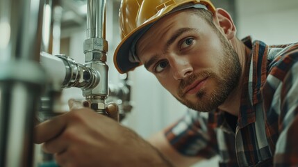 Plumber fitting a water pipe in a newly constructed building. Featuring technical expertise and detail