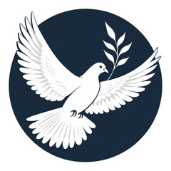 Obraz premium White dove soaring with olive branch against dark circle background 