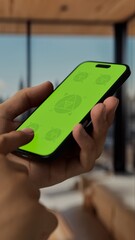 GREEN SCREEN CHROMA KEY A smartphone with a green screen held in a stylish wooden interior apartment with cityscape visible through large windows during the daytime
