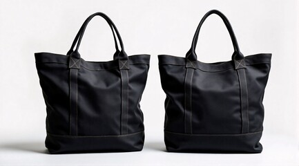 Naklejka premium Photorealistic studio mockup of two plain black canvas tote bags. Soft dramatic lighting. Placed on a clean, minimalist background.
