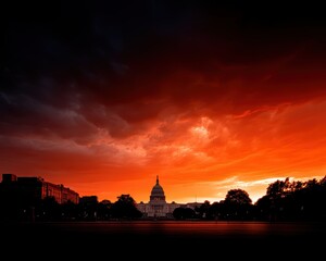 Silhouetted against a blazing sunset, the US Capitol stands as a symbol of American strength and endurance - historic American history