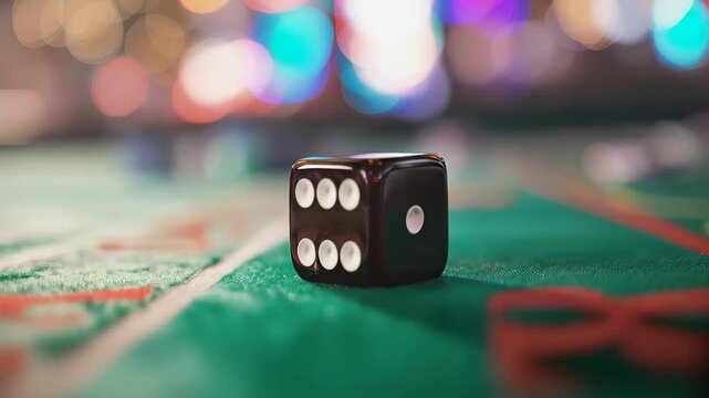 Casino dice showing the number six laying on a green craps table with blurred casino lights in the background
