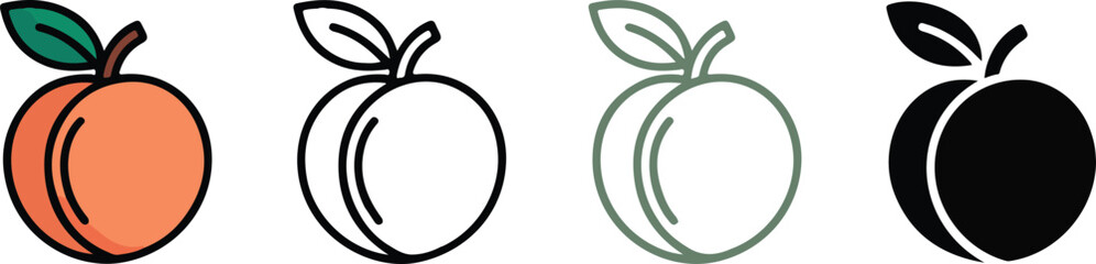  Minimal Peach Fruit Icon Set – Fresh Organic Produce Illustration in Line Art and Solid Color Styles for Food, Agriculture, and Healthy Eating Concepts