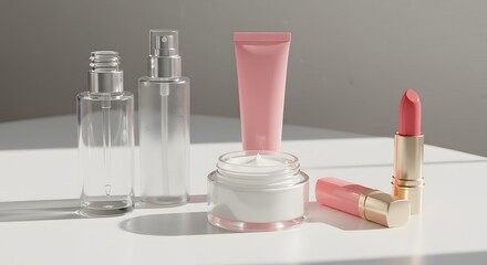 Cosmetics Products Arranged on White Surface with Lipstick and Cream for Beauty