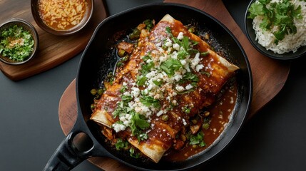 Delicious mexican enchiladas with cheese and cilantro in a skillet National Food Month