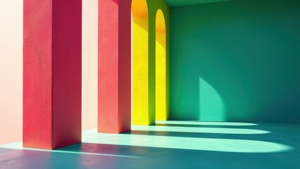 Obraz premium Vivid architectural space with colorful arches and sunlight patterns.