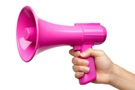 A hand holds a bright pink megaphone against a transparent background. Loud and clear communication is key