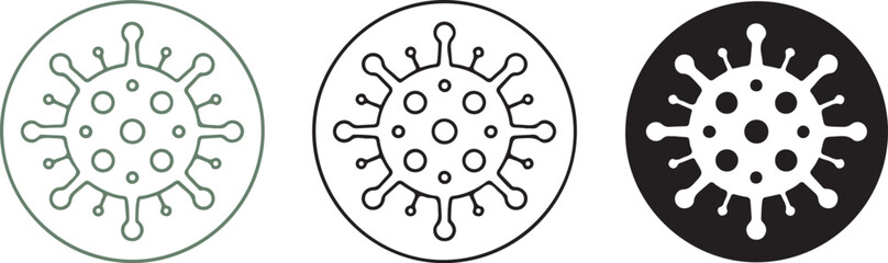 Virus Icon Set – Vector Illustration of Virus and Bacteria Shapes in Line Art and Solid Styles with Circular Backgrounds for Medical or Health Design Concepts