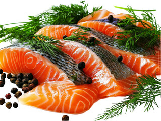 Realistic Photo of Fresh Raw Salmon with Dill and Black Peppercorns Isolated