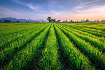 Green lush rice field at the sunset