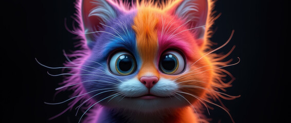 Vibrant and Playful Character Render of a Kitten with Surreal, Rainbow-Colored Fur and a Sweet, Innocent Expression..